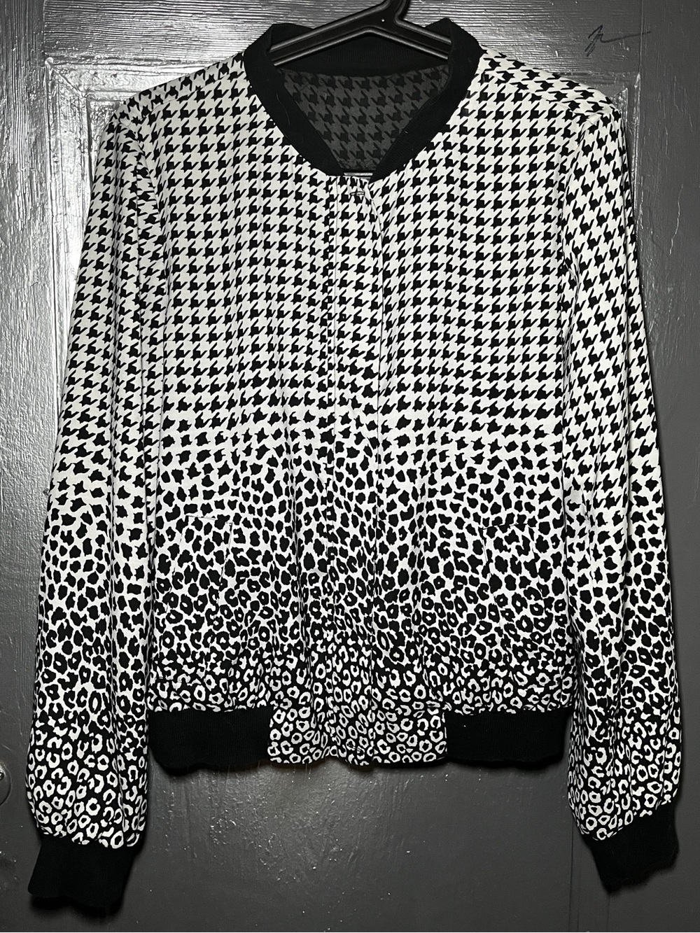 Black & White Houndstooth to Leopard Print Bomber Jacket
